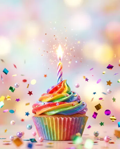 Rainbow Birthday Cupcake With Sparkling Candle