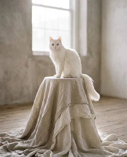 White Cat on Linen Pedestal