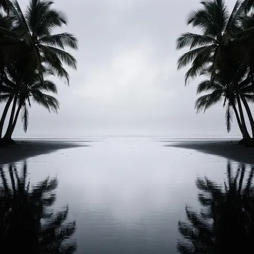 Symmetrical Palm Silhouettes on Wet Black Sand