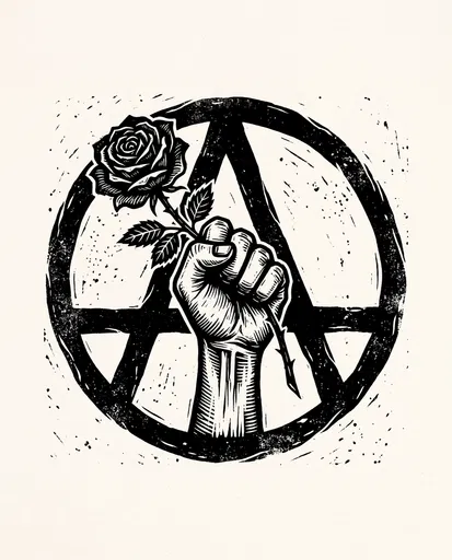 Linocut Fist and Rose Anarchy Emblem