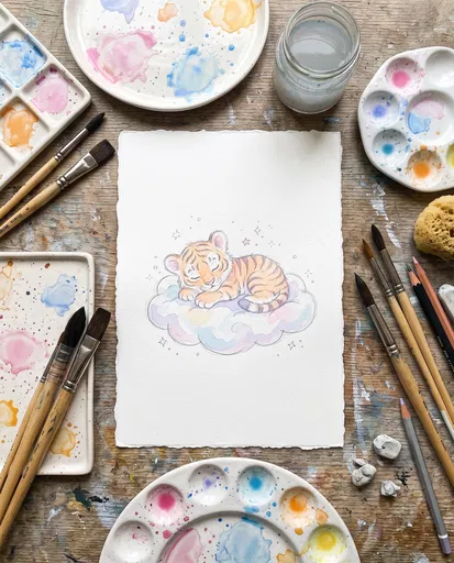 Watercolor Baby Tiger Drawing Flat Lay