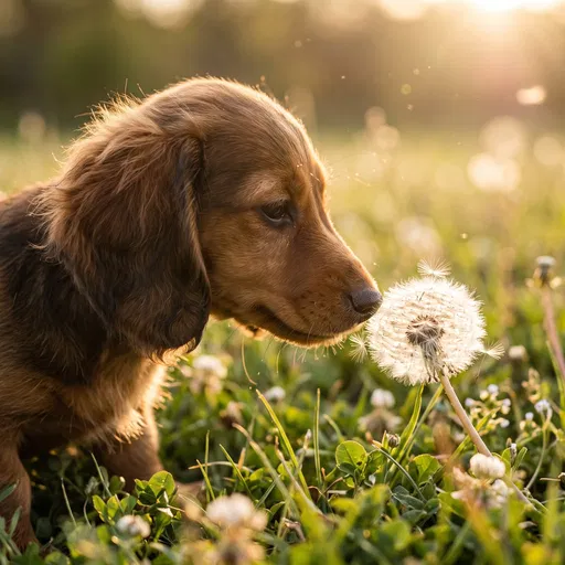 Dachshund Puppy Sniffing Dandelion in Meadow
