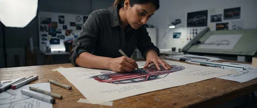 Automotive Designer Sketching Red Sedan in Studio