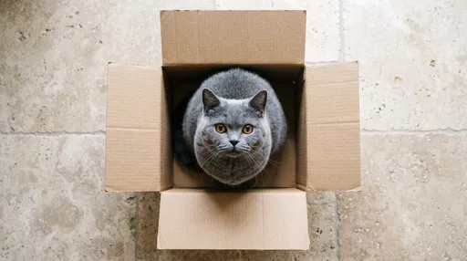 British Shorthair Cat Inside Cardboard Box