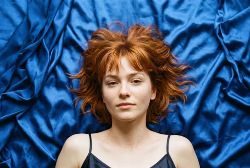 Redhead Woman Lying on Blue Silk