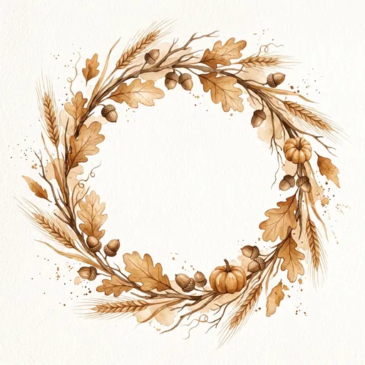 Sepia Watercolor Autumn Harvest Wreath Illustration