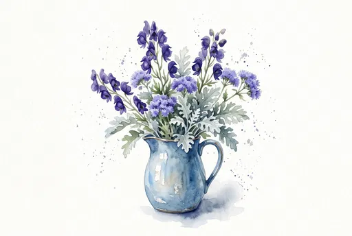 Watercolor Bouquet in Blue Pitcher