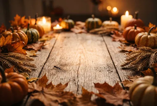 Rustic Autumn Tabletop with Pumpkins and Candles