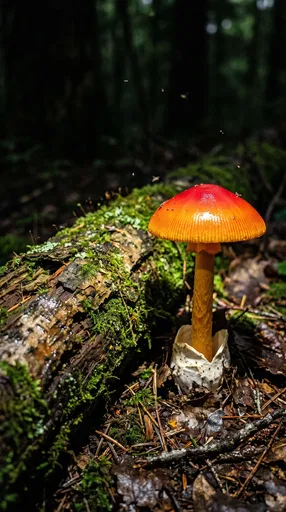 Orange Amanita Mushroom Beside Mossy Forest Log