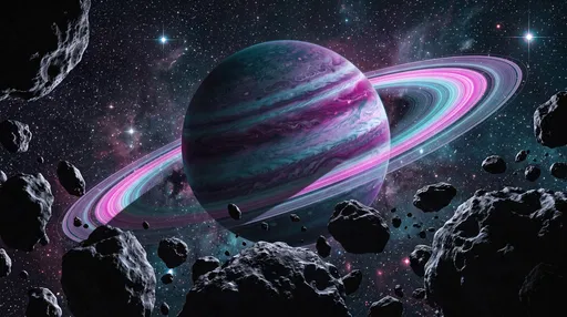 Magenta and Teal Ringed Gas Giant