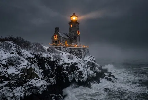 Stone Lighthouse with Christmas Lights in Winter