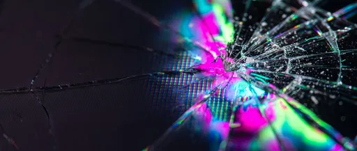 Macro Cracked Screen with Neon Pixel Bleed