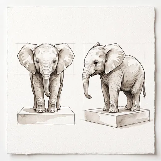 Sepia Watercolor Baby Elephant Turnaround Illustration