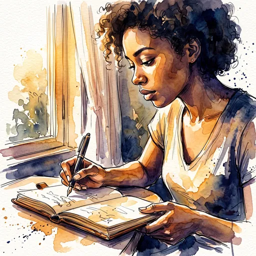 Watercolor Illustration of Woman Journaling