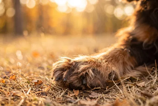 Close-Up Of Dog Paw On Autumn Grass