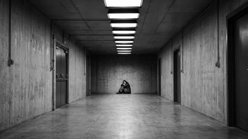 Woman Sitting Alone in Concrete Corridor