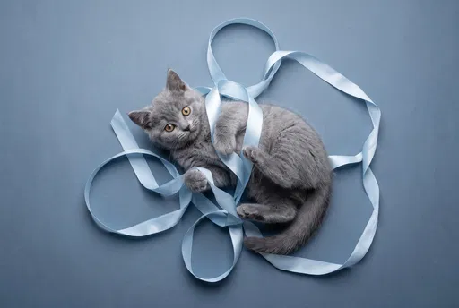 Gray Kitten Tangled in Blue Ribbon