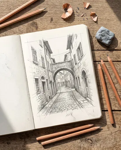 Architectural Pencil Sketch on Wooden Desk