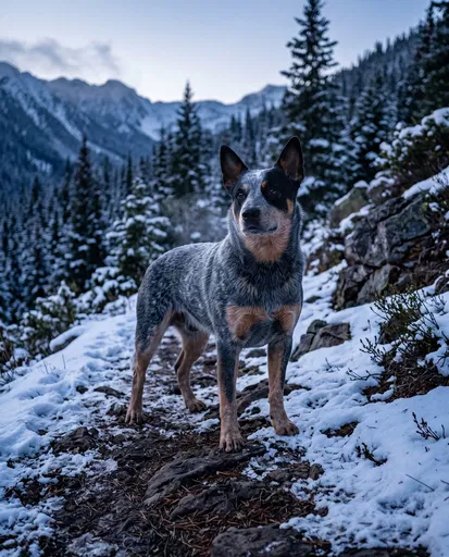 Blue Heeler on Snowy Mountain Trail