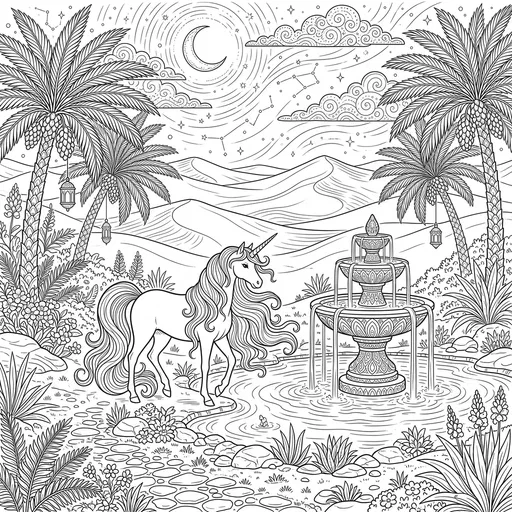 Unicorn in Desert Oasis Coloring Page
