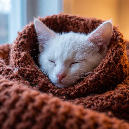 Sleeping White Kitten in Terracotta Blanket