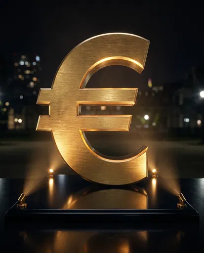 Golden Euro Symbol on Illuminated Pedestal