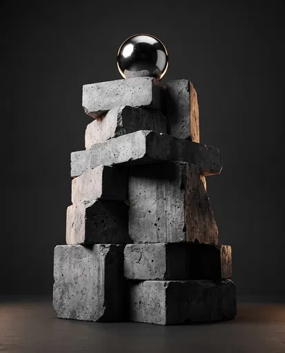 Chrome Sphere on Stacked Concrete Blocks