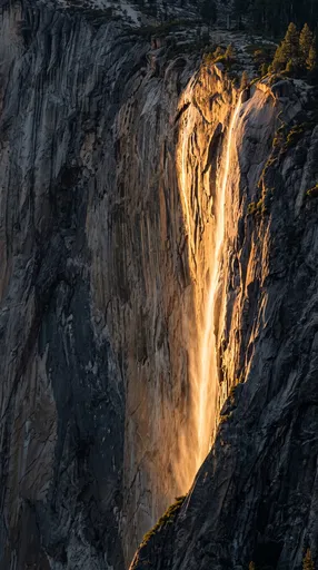 Golden Sunlit Waterfall on Granite Cliff
