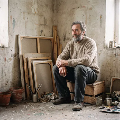 Bearded Painter Sitting in Workshop