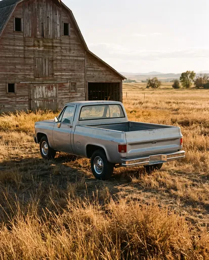 Vintage Silver Pickup Truck Near Barn