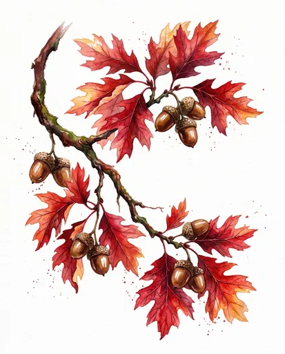 Watercolor Red Oak Branch With Acorns