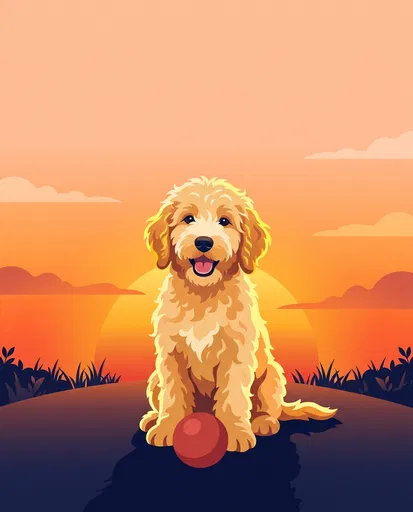 Goldendoodle Puppy Illustration at Sunset