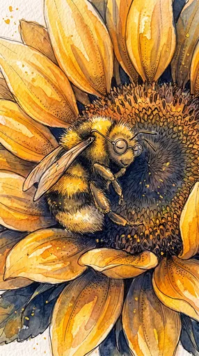 Sleeping Bumblebee in Golden Sunflower Illustration
