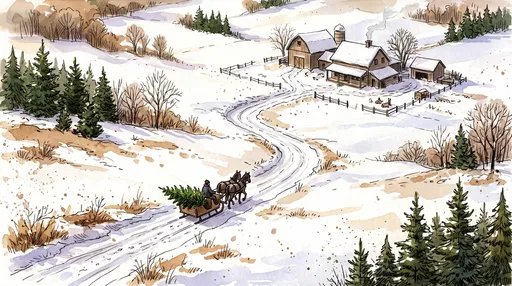 Watercolor Sleigh Carrying Pine Tree to Farmhouse