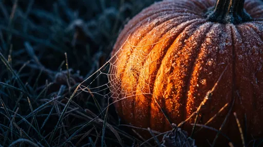 Frosty Pumpkin and Golden Spiderweb at Dusk