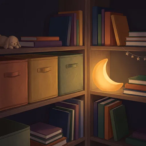 Cozy Bookshelf With Crescent Moon Nightlight