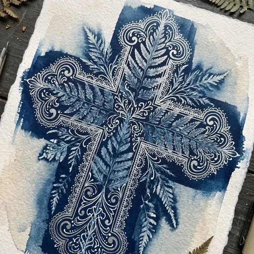 Cyanotype Botanical Cross with White Filigree