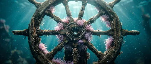 Sunken Ship Wheel With Pink Sea Anemones