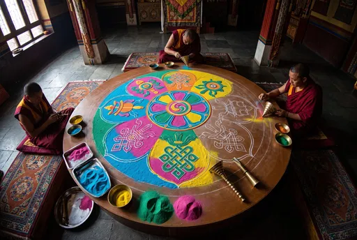 Buddhist Monks Creating Colorful Sand Mandala