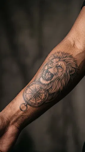 Lion and Compass Forearm Tattoo