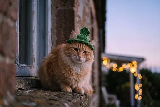 Ginger Cat Wearing Knitted Shamrock Hat
