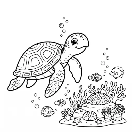 Cartoon Sea Turtle Coral Reef Coloring Page
