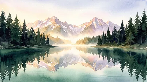 Watercolor Alpine Lake Reflection at Dawn