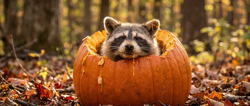 Raccoon Poking Out of Autumn Pumpkin