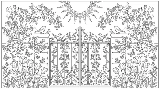 Symmetrical Spring Garden Gate Coloring Page