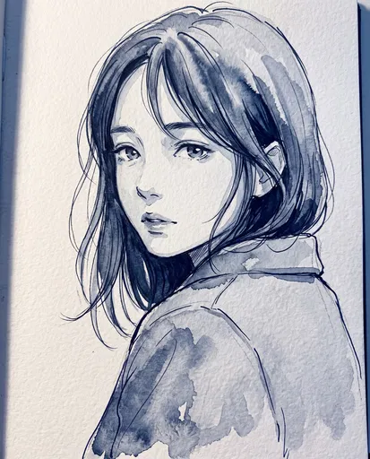 Indigo Watercolor Sketch of Anime Girl