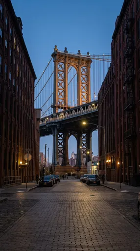 Manhattan Bridge Framed by Brooklyn Street at Dusk