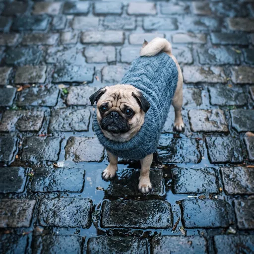 Pug in Sweater on Wet Cobblestones