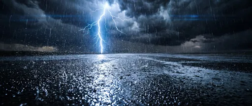 Lightning Strike Over Wet Asphalt in Rainstorm