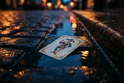 Jester Playing Card on Wet Cobblestone Street